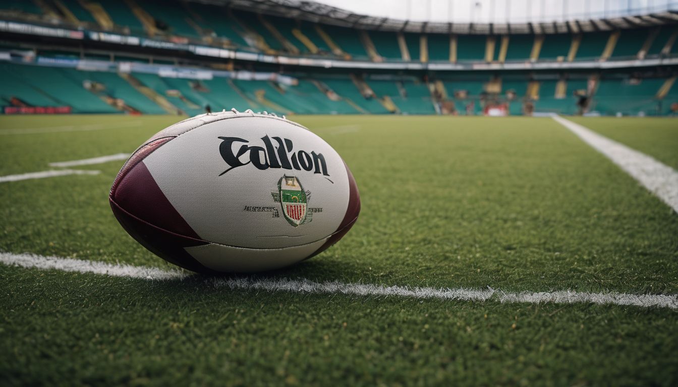A rugby ball on a grass field with stadium seating in the background.