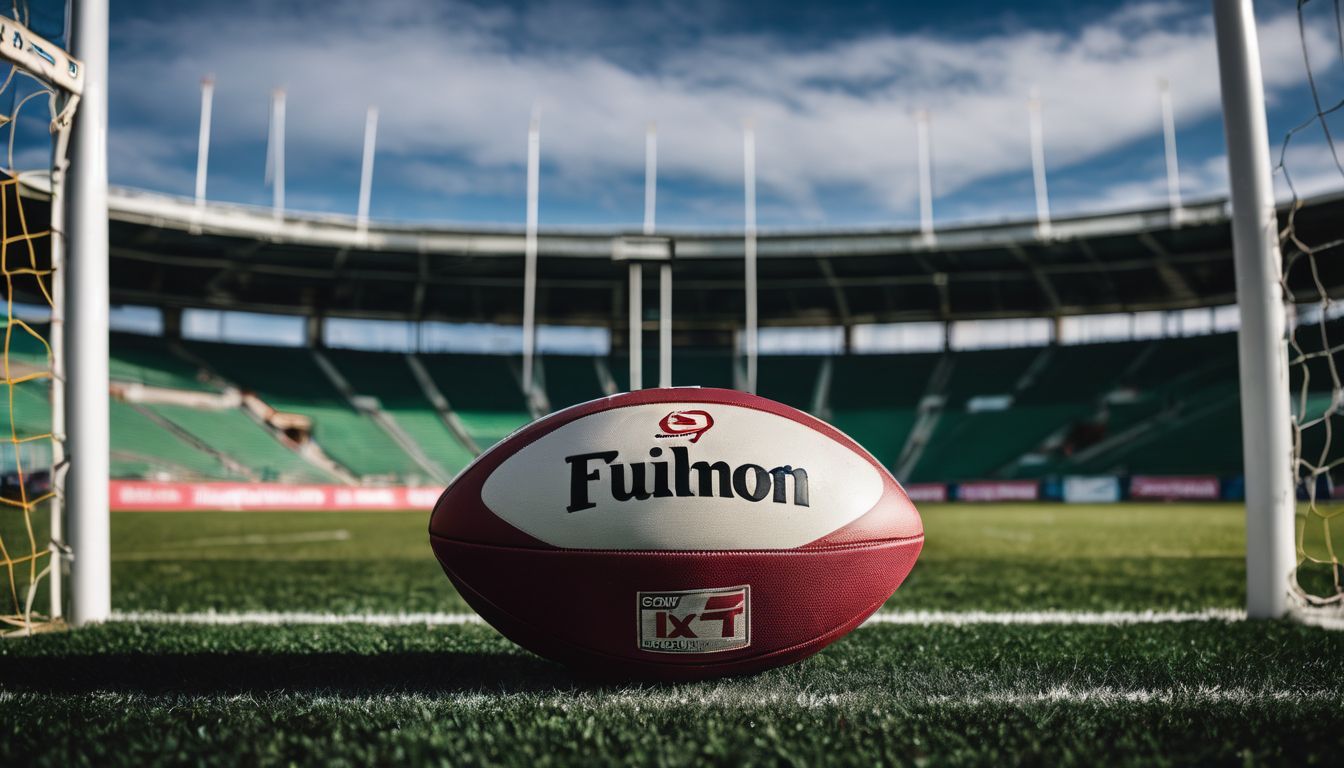 A rugby ball positioned on a grassy field with goal posts in the background at a stadium.