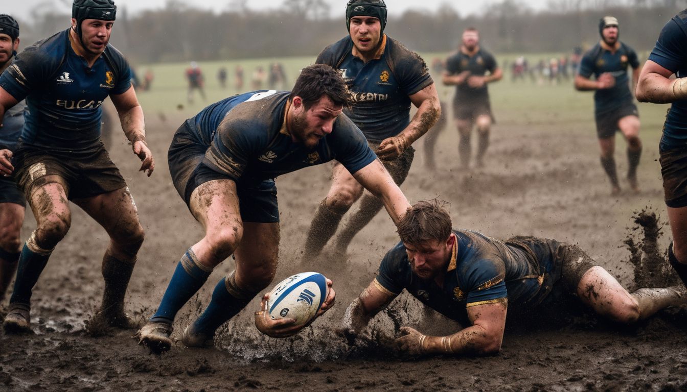 Rugby players in blue jerseys striving for the ball in a muddy match.