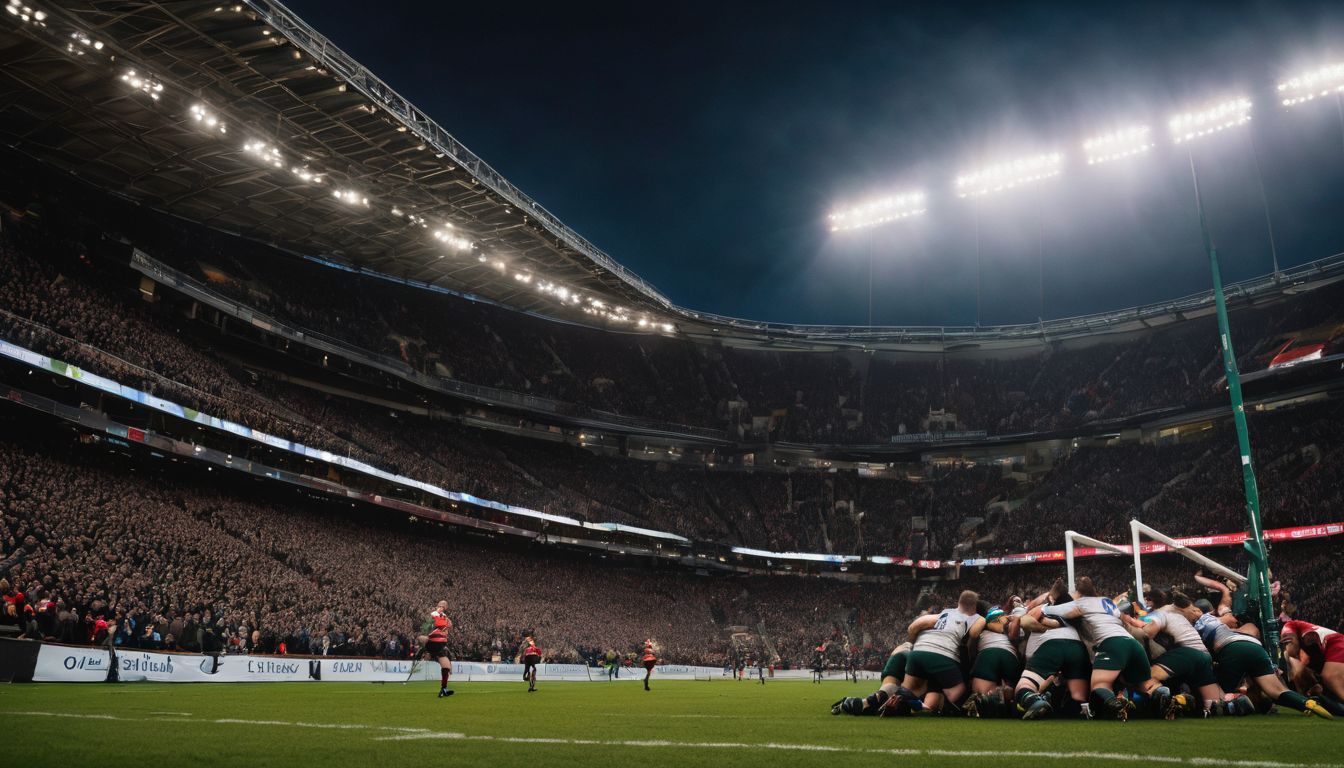 Rugby players huddled on the field with a crowd watching in a large stadium at night.