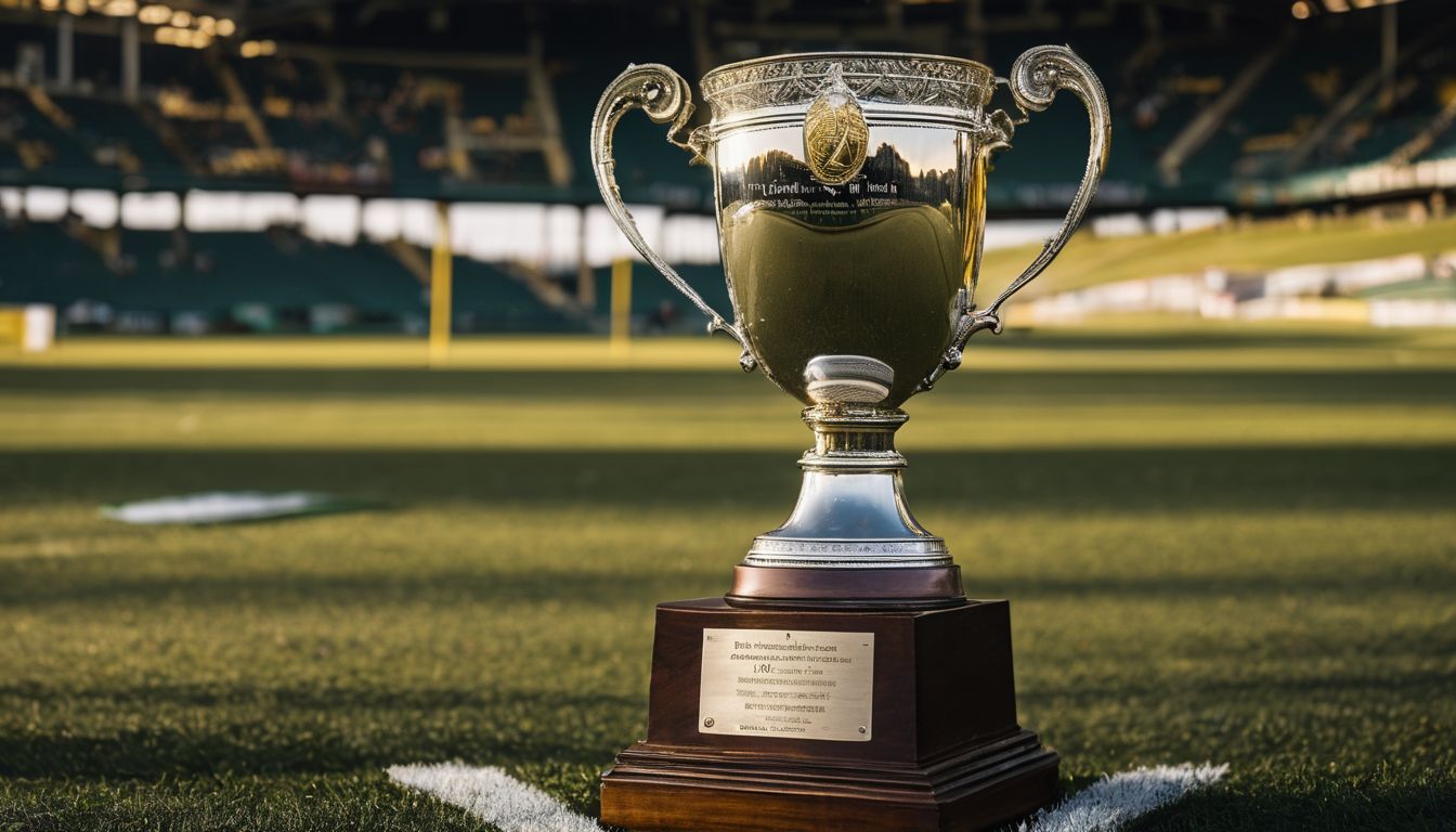 A trophy sits on the grass with a stadium in the background during golden hour.
