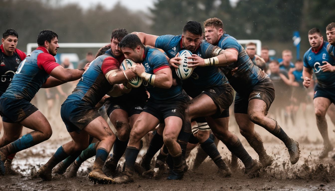 Rugby players engaged in a muddy, intense match.