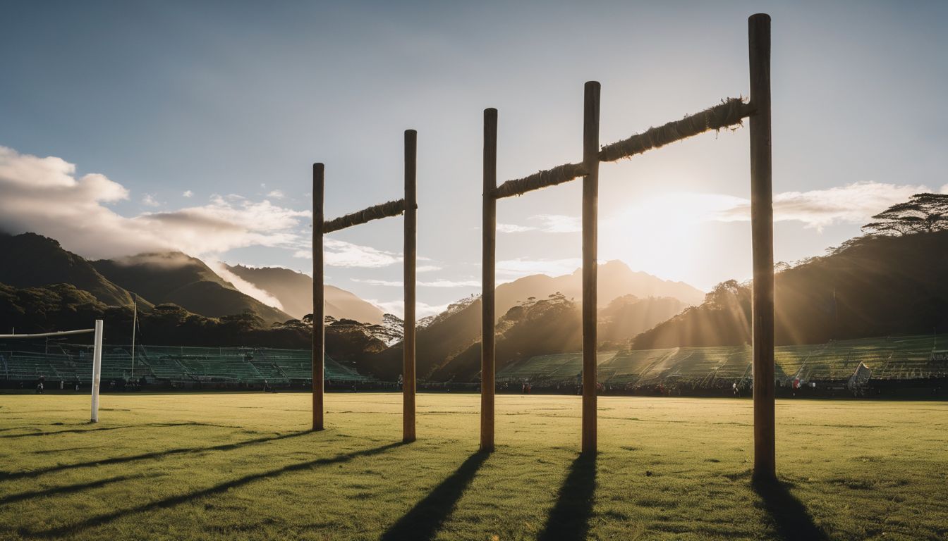 Empty rugby goal posts on a field with the sun setting behind mountains.