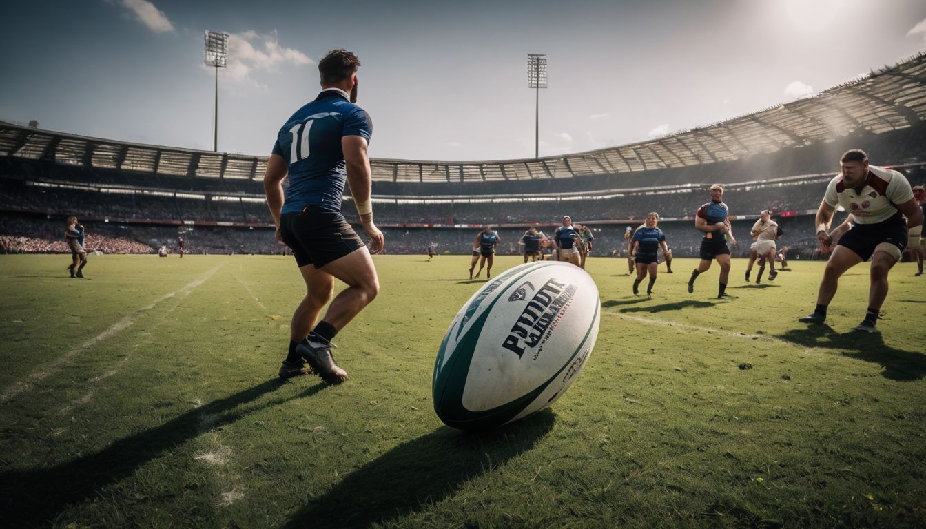 Rugby players in action during a match at a stadium, with a focus on a player reaching for the ball.