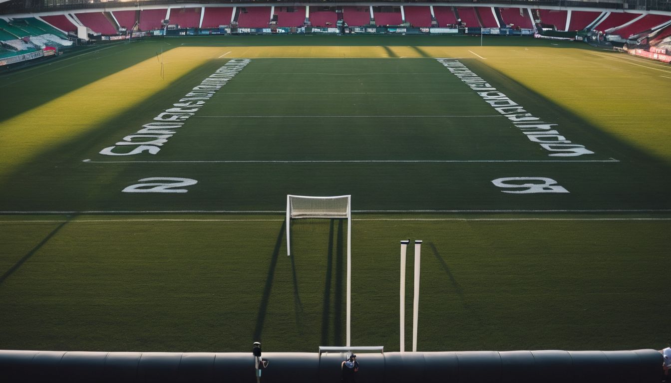 Empty soccer stadium with sunlight casting shadows across the pitch.