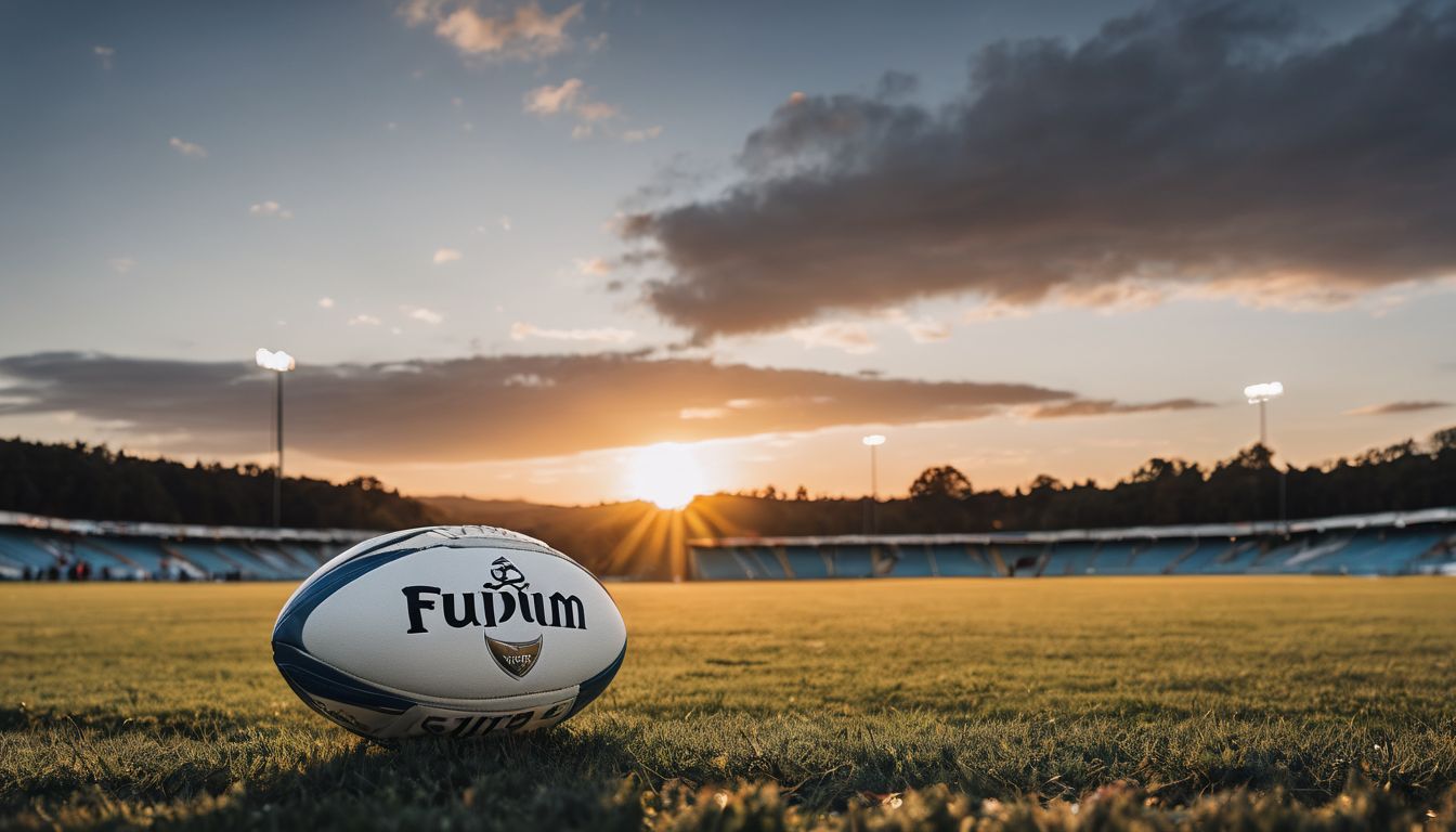Rugby ball on the field at sunset with stadium lights in the background.