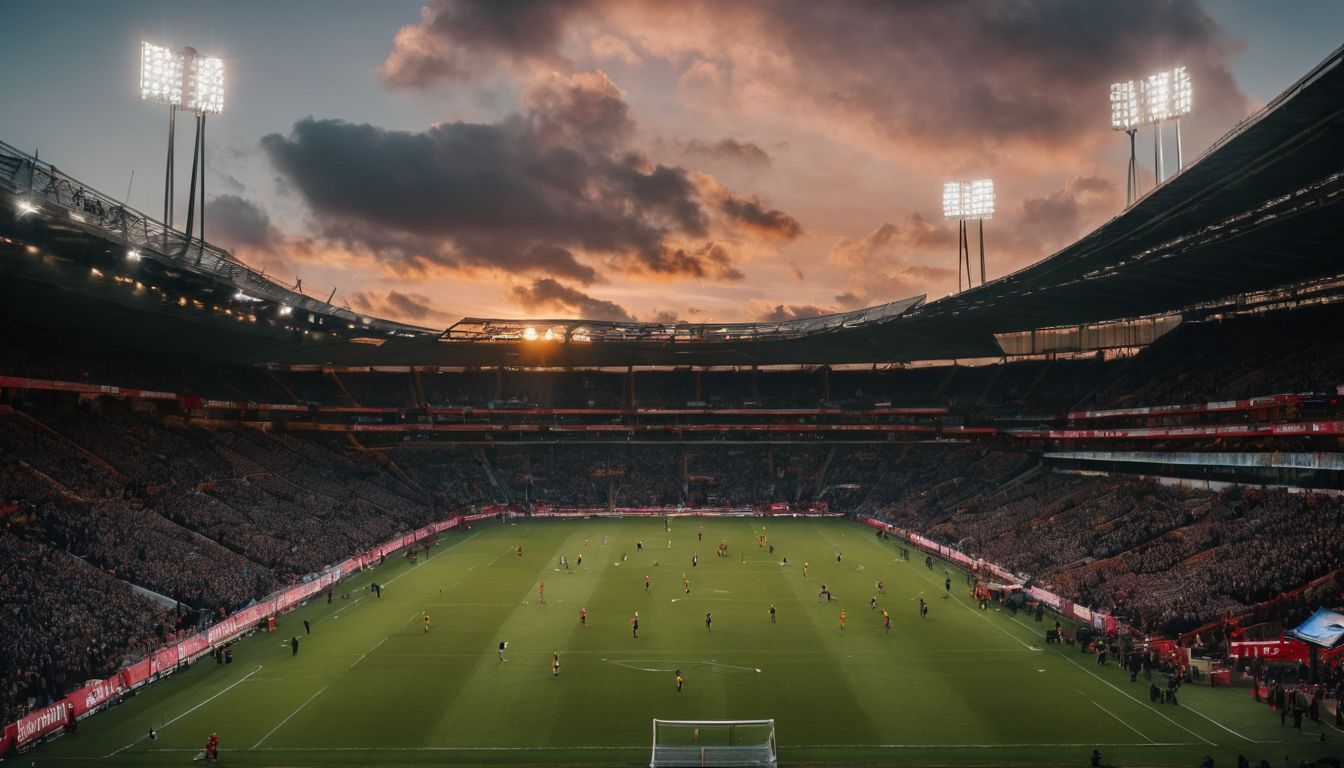 Sunset over a crowded stadium during a football match with stadium lights on.