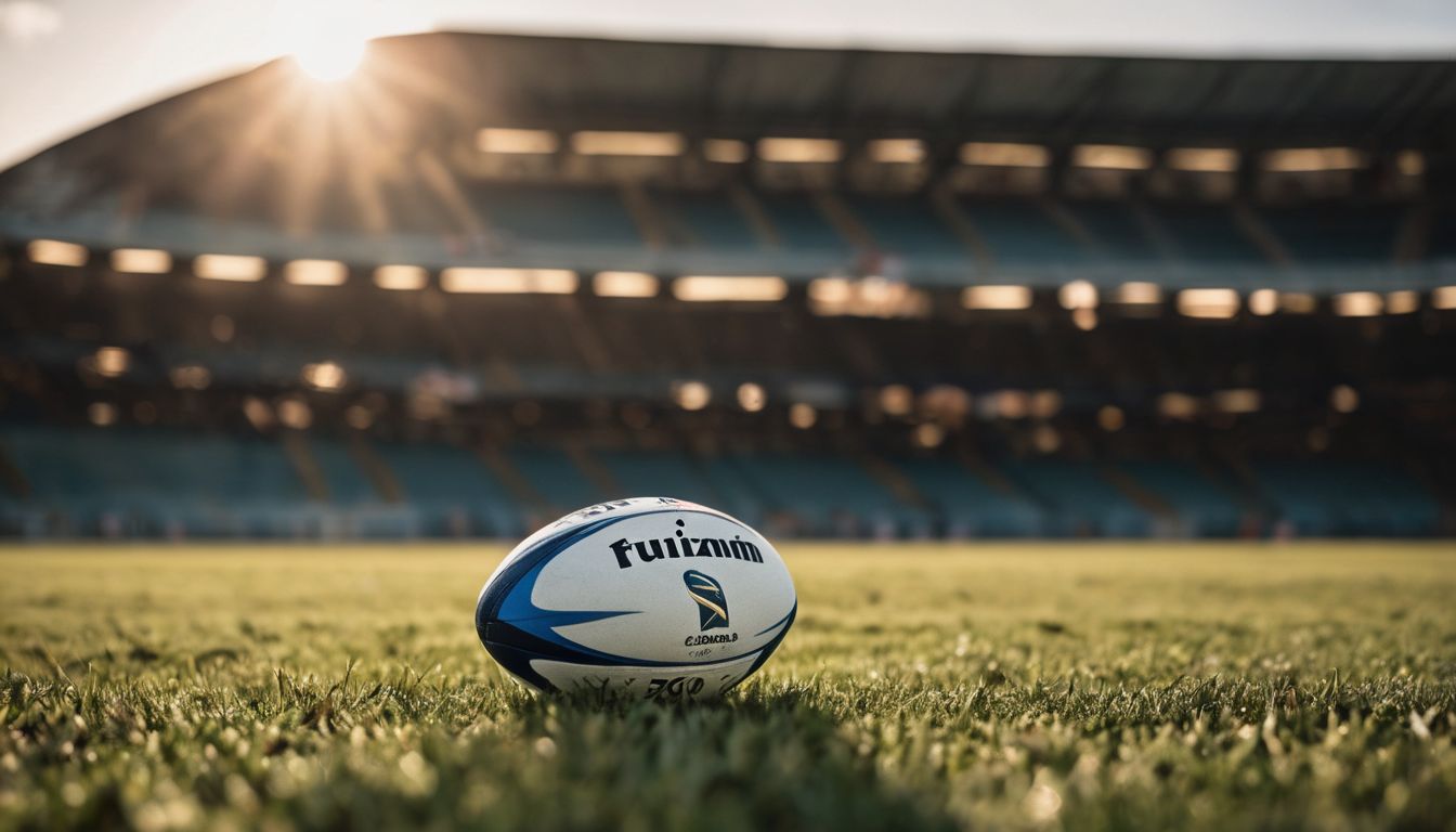 Rugby ball on a grass field with stadium background in the sunlight.
