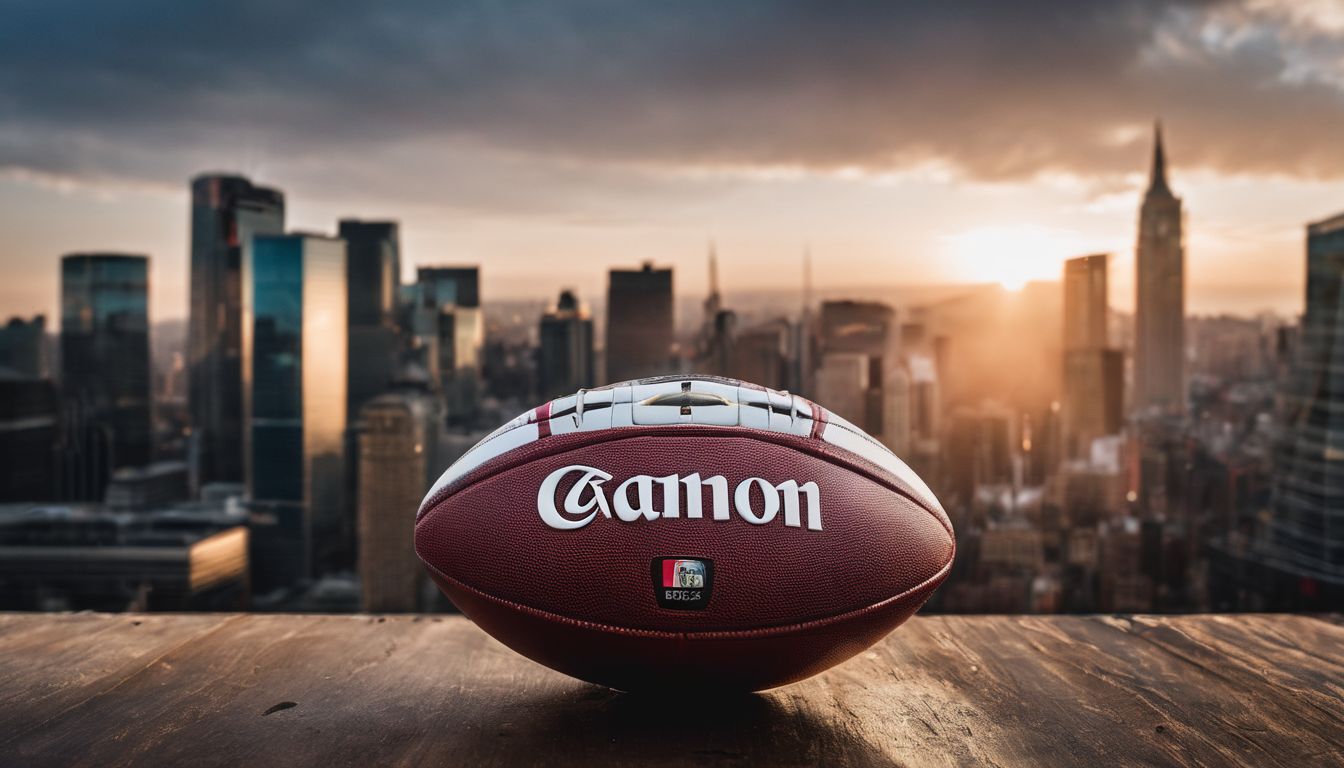 A football with the word "canon" printed on it, placed on a surface with a city skyline during sunset in the background.