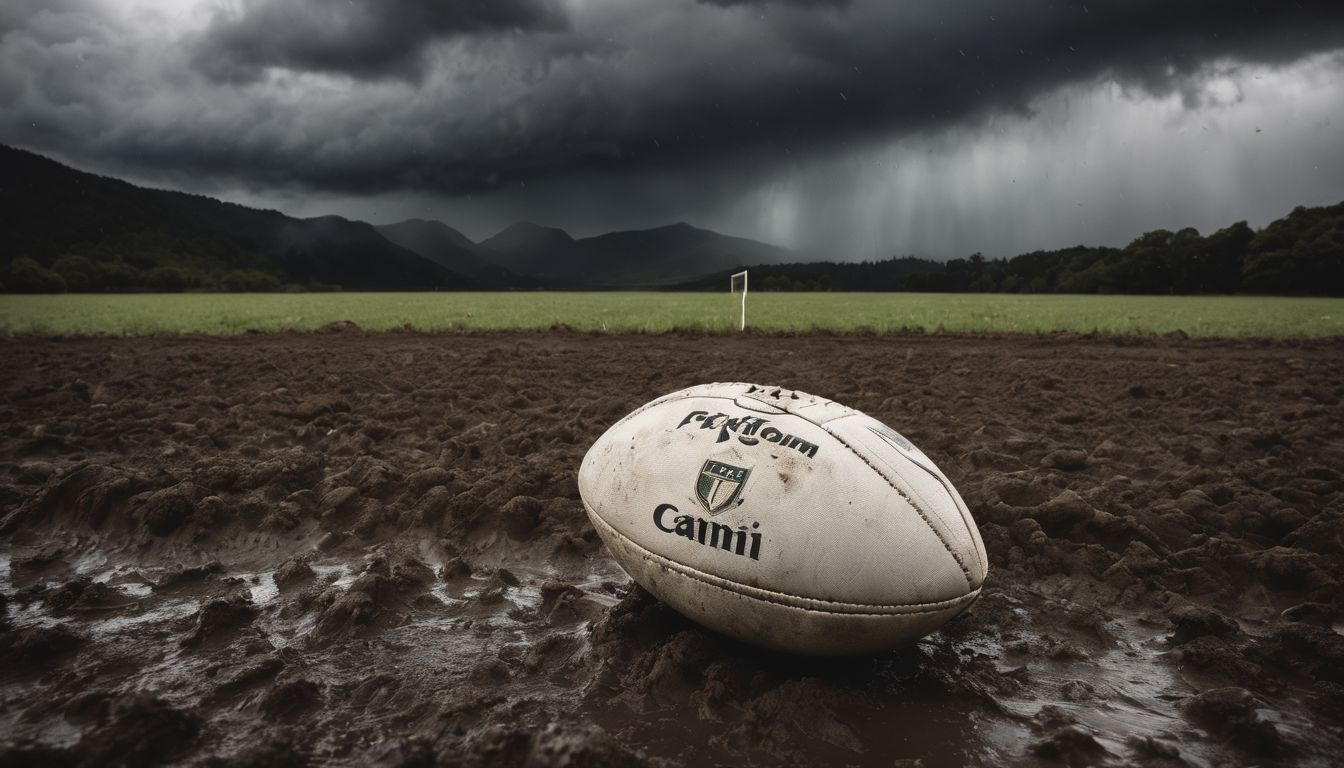 Rugby ball on a muddy field with approaching storm.