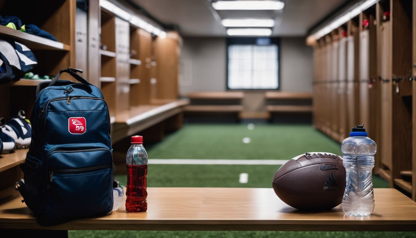 A backpack, sports drink, and an american football on a wooden bench in a locker room.