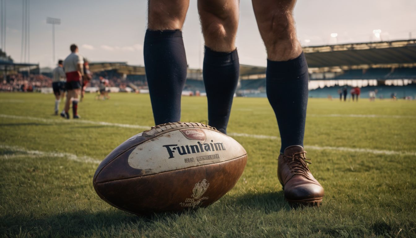 A rugby player prepares for a match, standing beside the ball on the field.