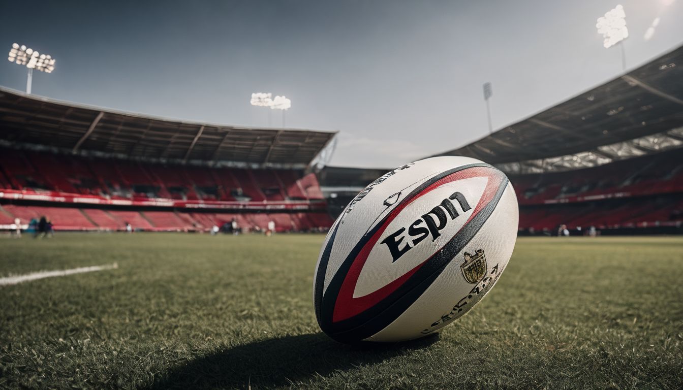 Rugby ball positioned center-field in an empty stadium, with espn branding visible.