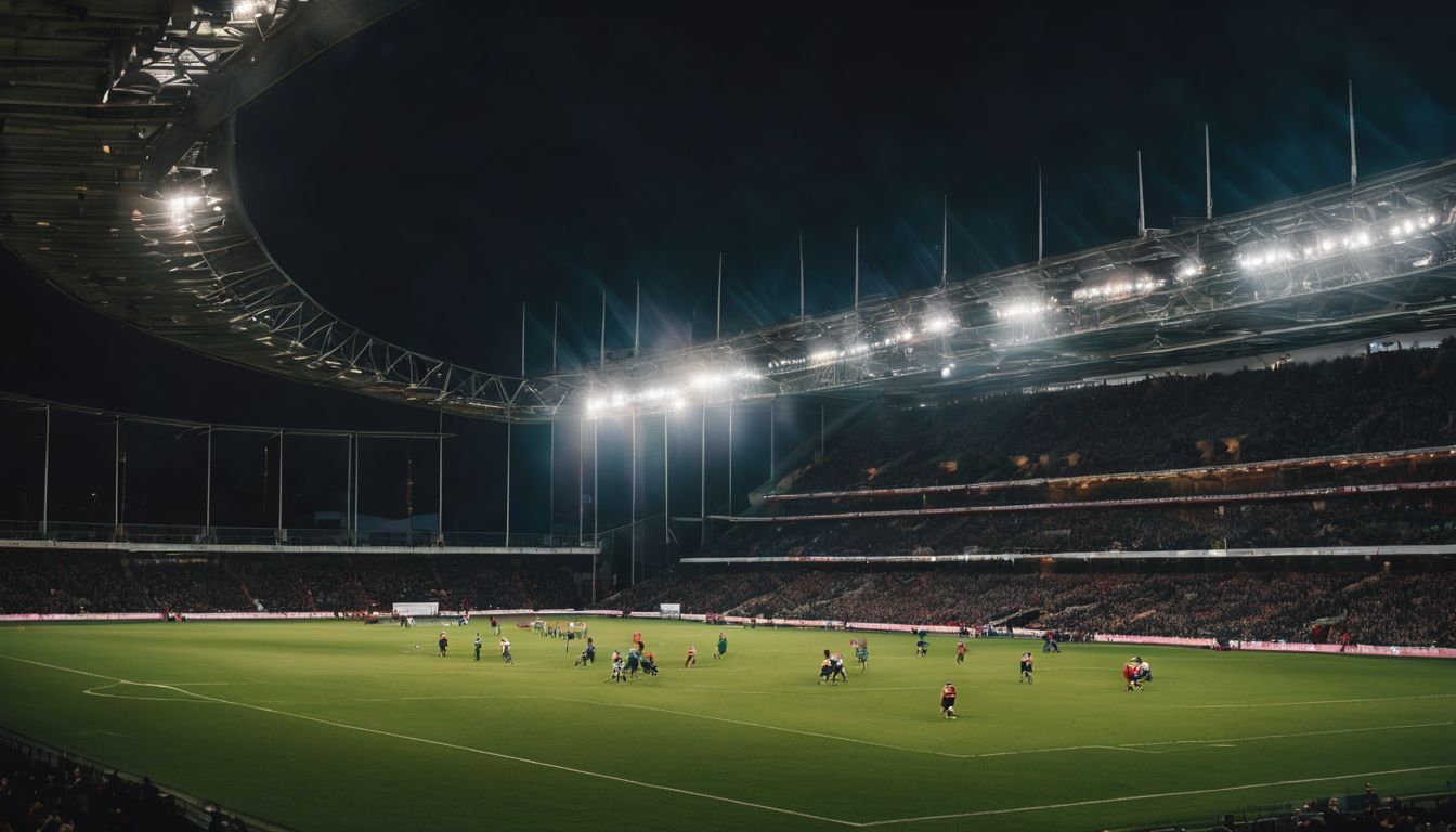 A nighttime sports event under the illuminated floodlights of a stadium.