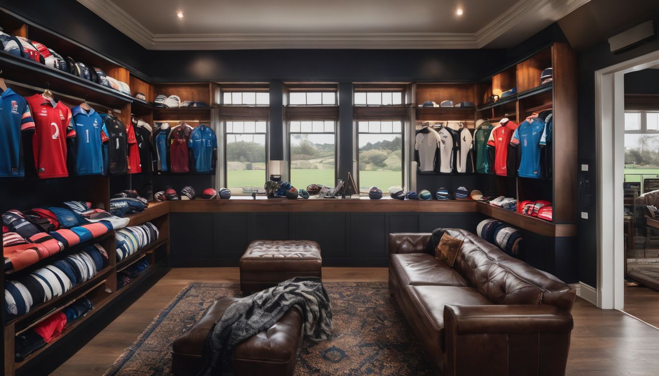 An elegant sports memorabilia room with dark wood cabinetry, showcasing an assortment of jerseys, helmets, and balls, complemented by leather seating and a traditional rug.