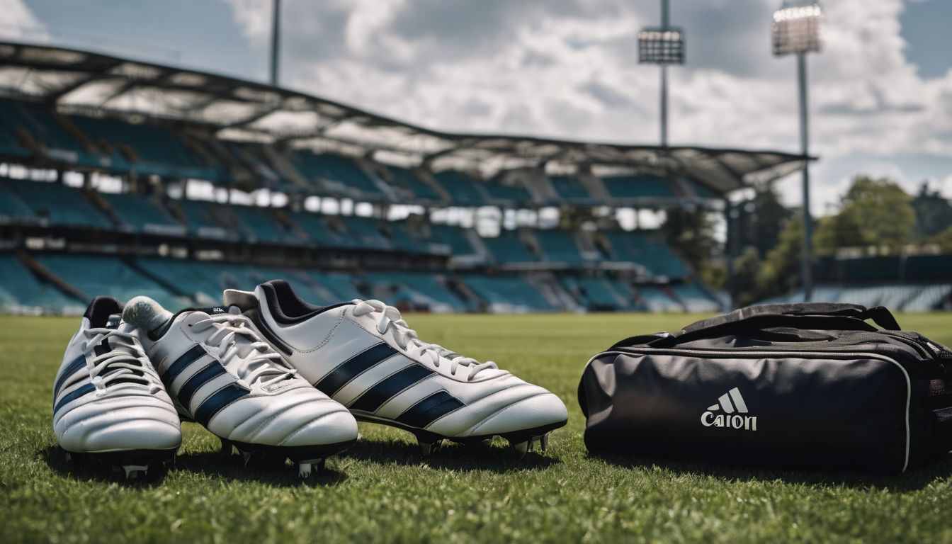 A pair of soccer cleats, a ball, and a sports bag on a field with stadium seats and lights in the background.