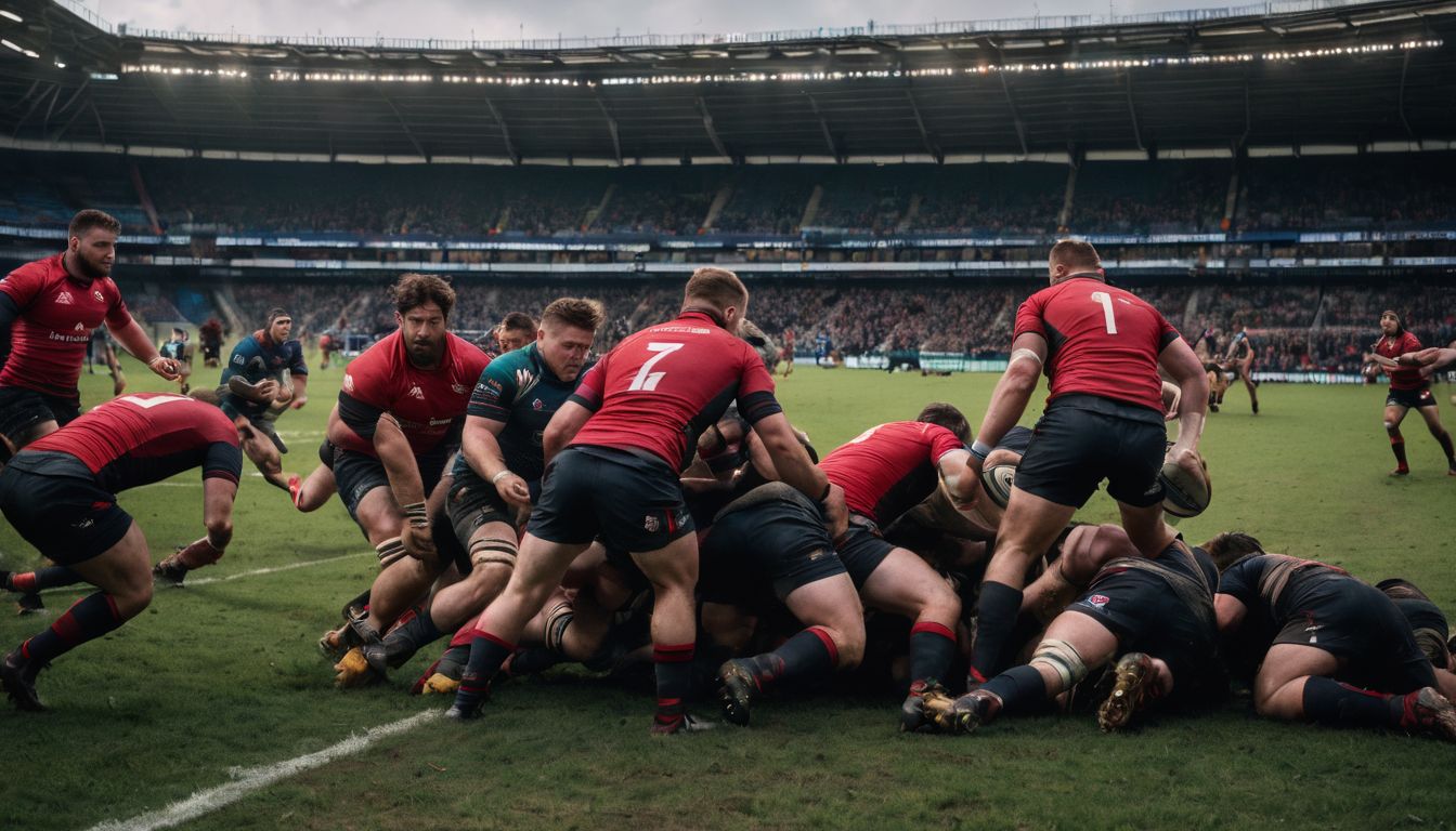 Rugby players engaged in a scrum during a match.