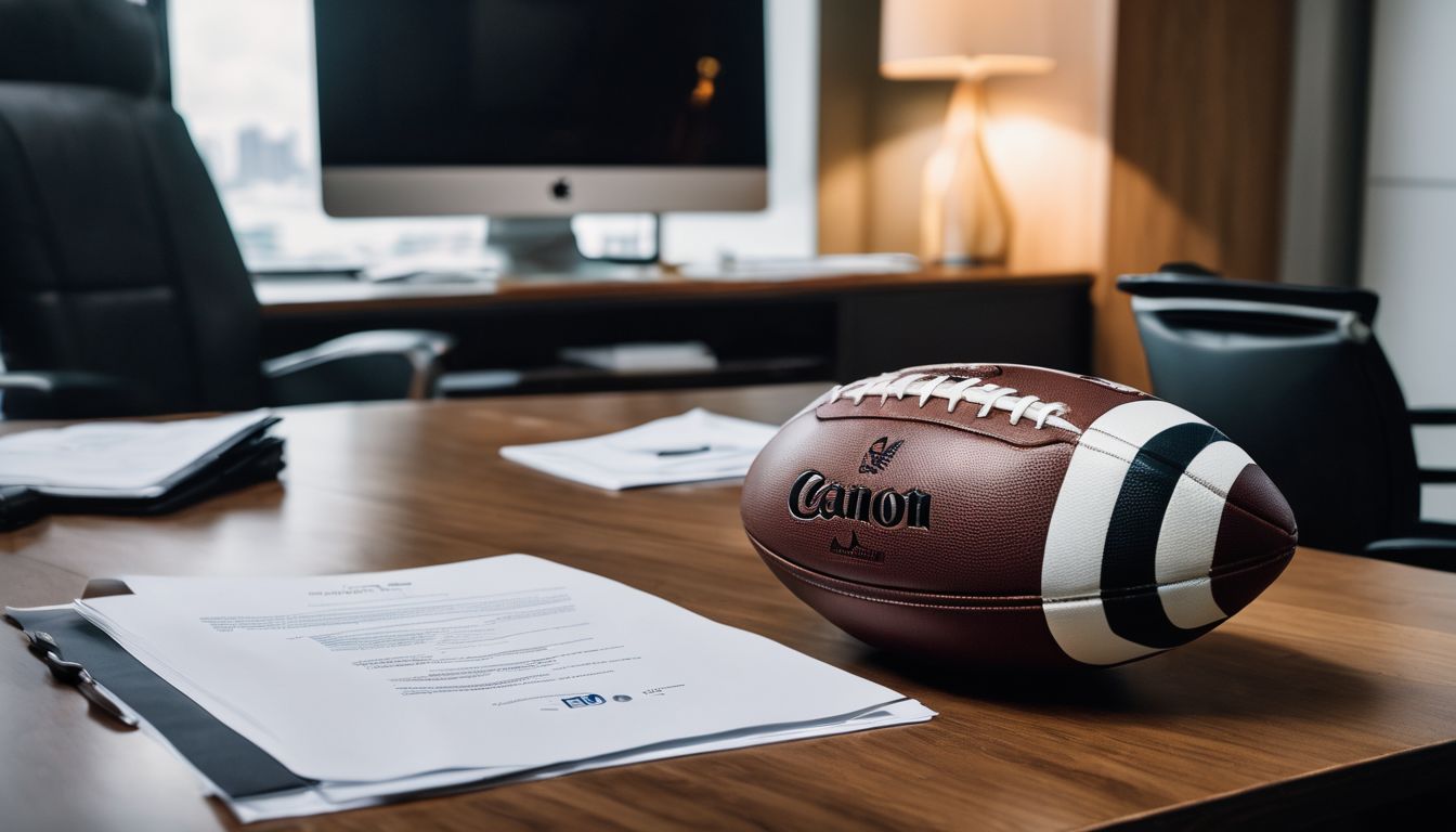An american football on a desk in an office with paperwork and an imac computer.