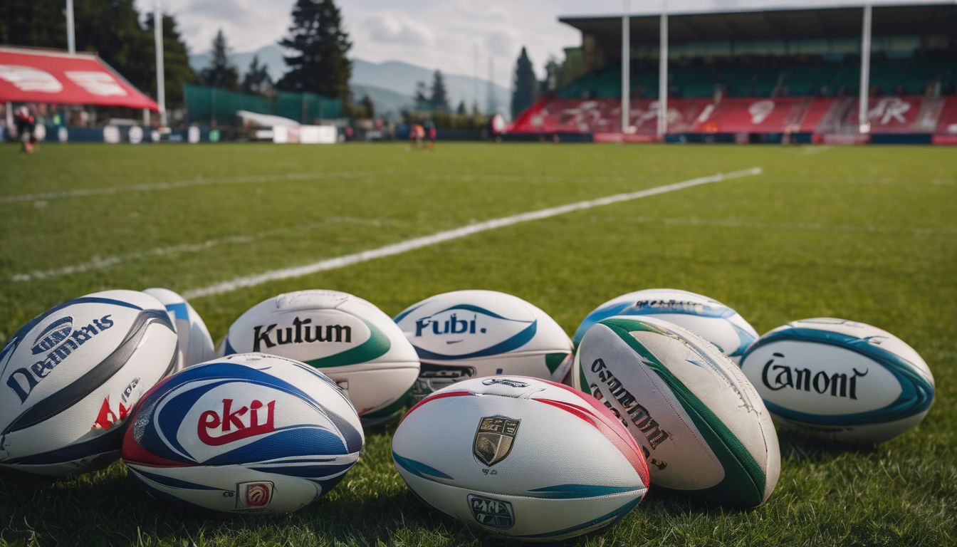 Rugby balls from various sponsors on a field with goalposts in the background.