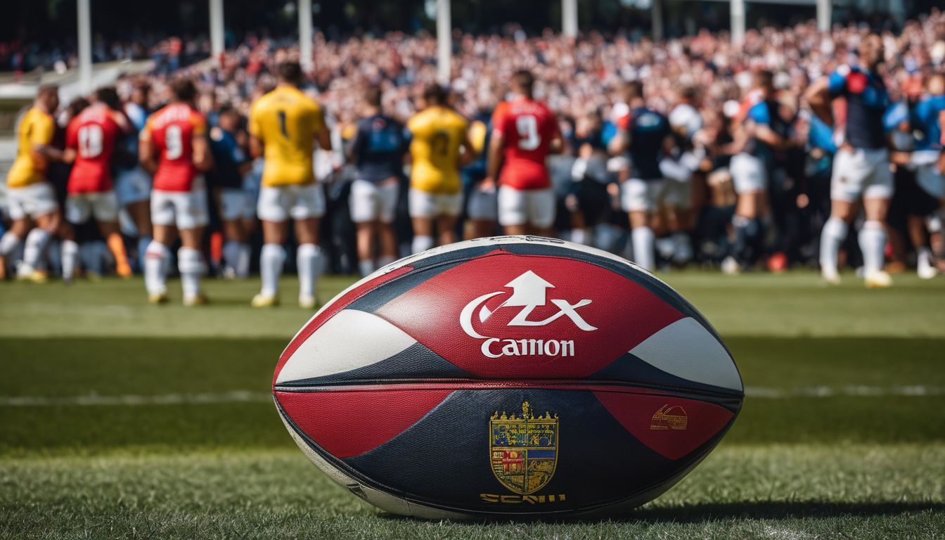 Rugby ball in focus with players and spectators in the background during a match.