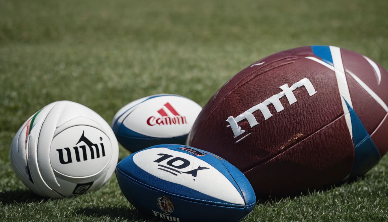 Three rugby balls from various sponsors on a grass field.