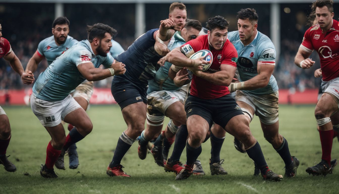 Intense moment in a rugby match as a player charges forward with the ball while opponents attempt to tackle him.