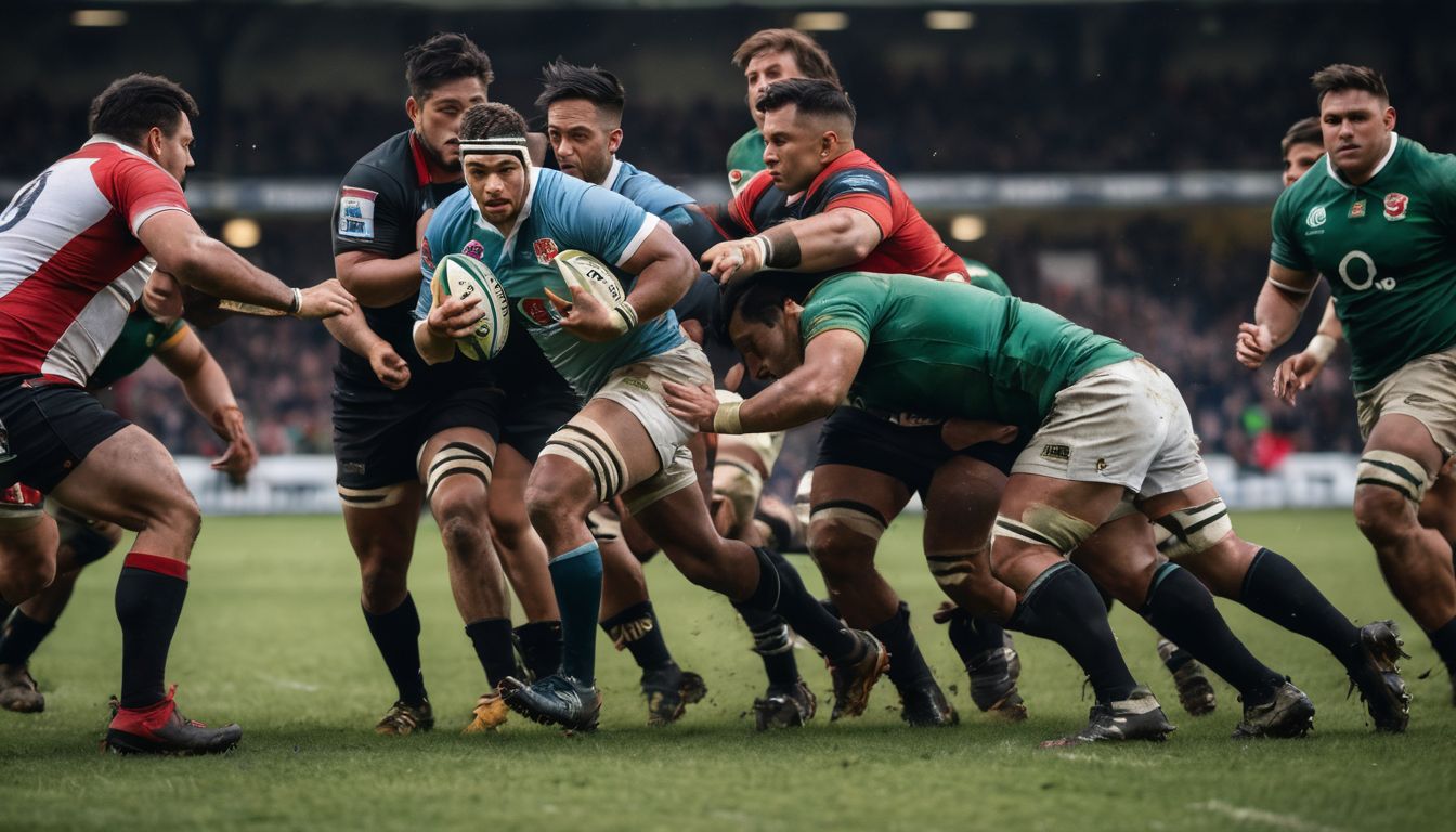 Intense rugby match in progress as a player charges forward with the ball while the opposition attempts to tackle him.