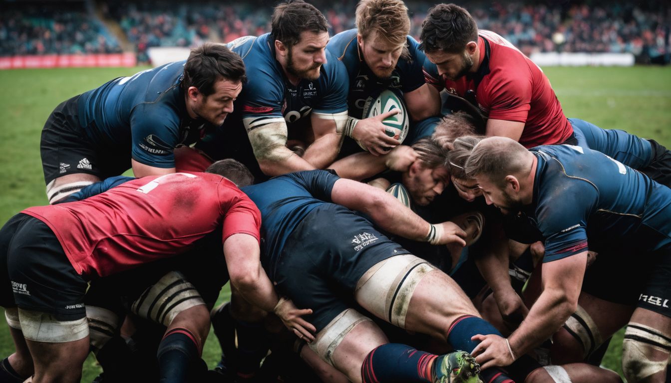 Two rugby teams engage in a scrum during a match.