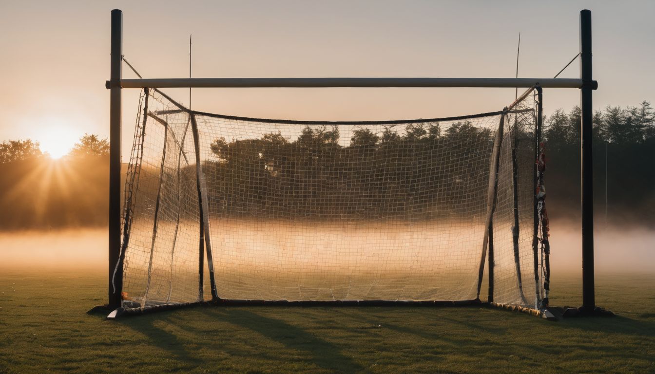 A soccer goal on a misty field at sunrise.