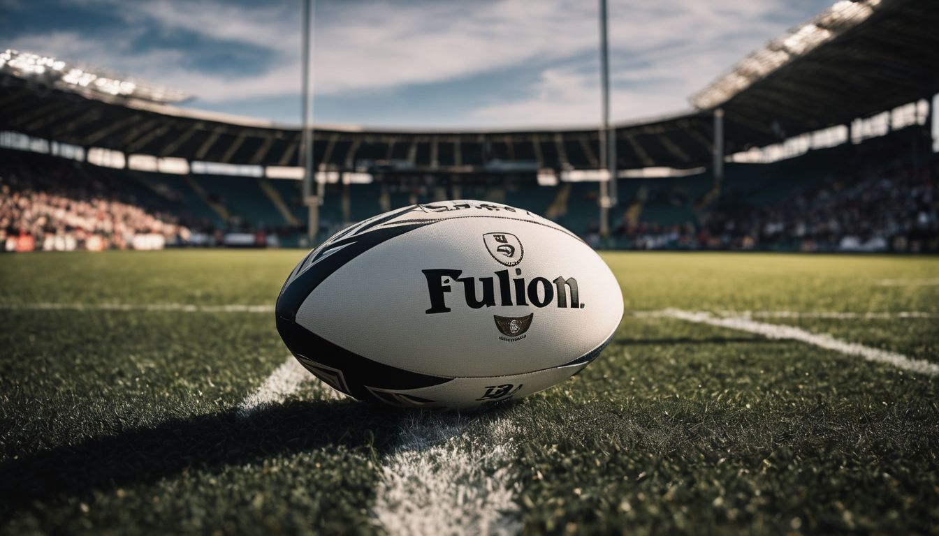 A rugby ball on a grass field with stadium seats in the background.