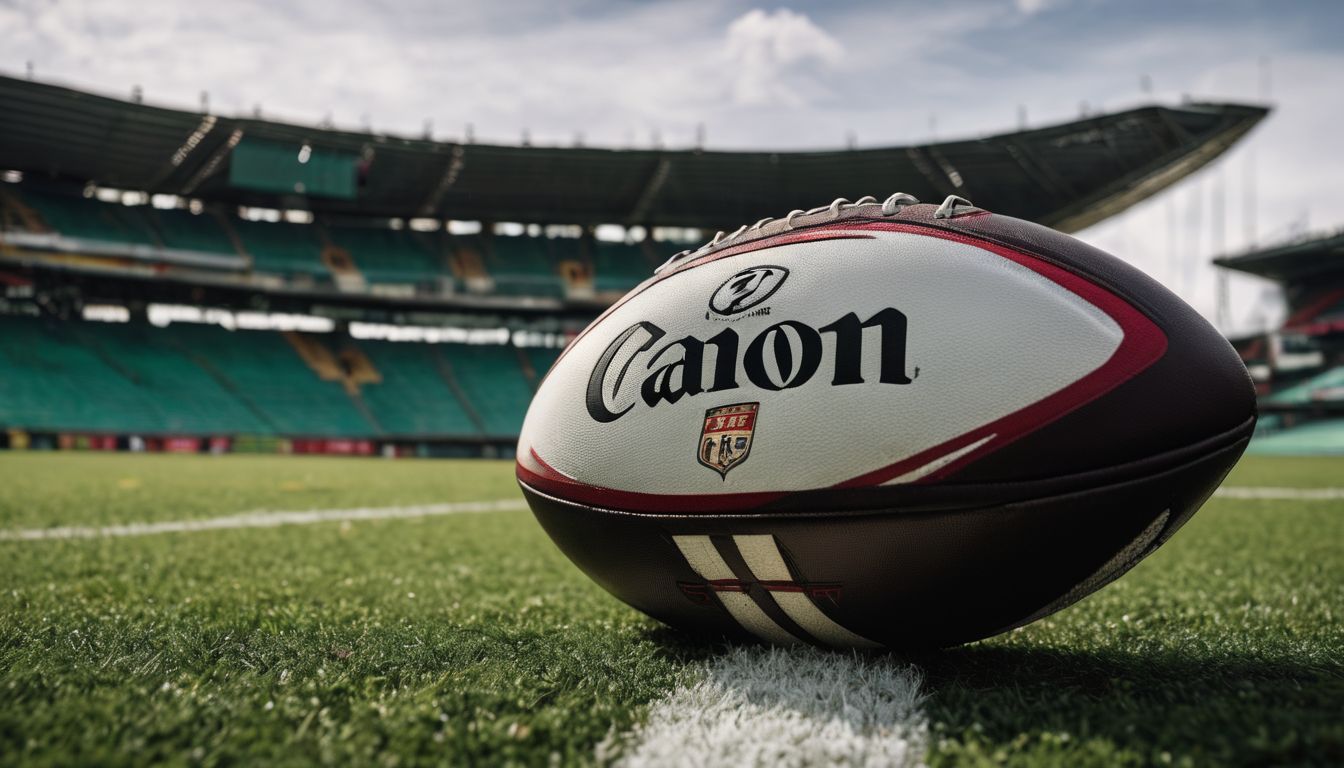 Rugby ball on grass with an empty stadium in the background.