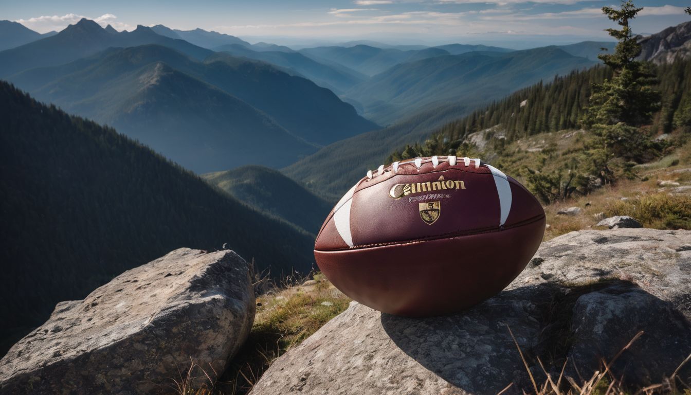 American football on rocky terrain with mountainous landscape in the background.