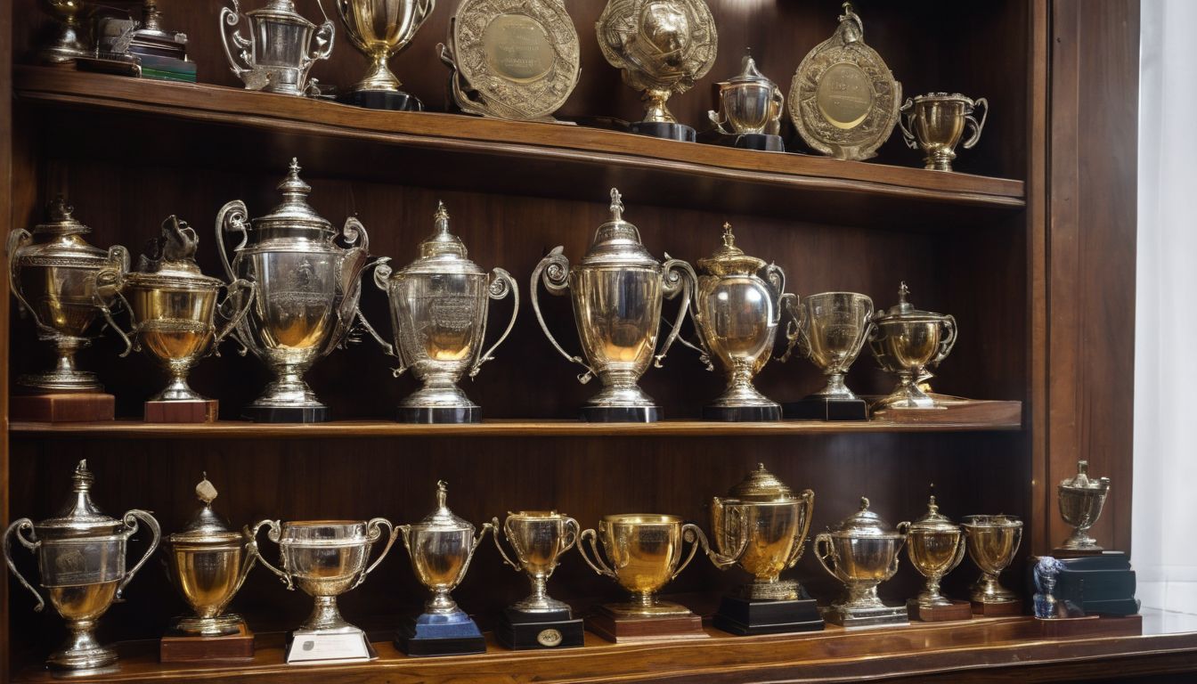 A collection of various-sized trophies displayed on wooden shelves.
