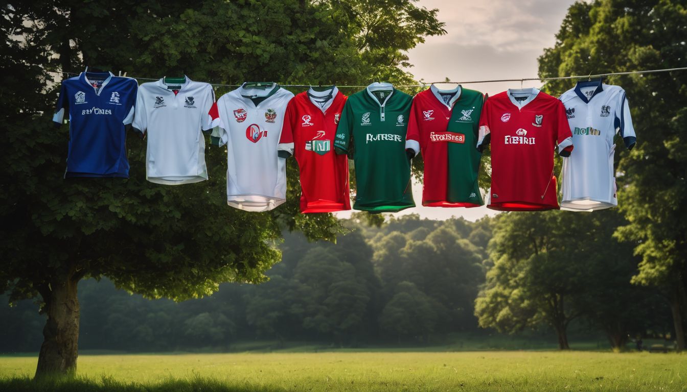 A variety of sports jerseys hanging on a line outdoors with trees and grass in the background.