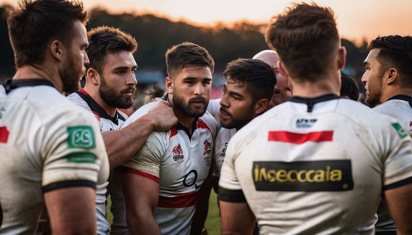 Rugby players in a team huddle during sunset, displaying focus and camaraderie.