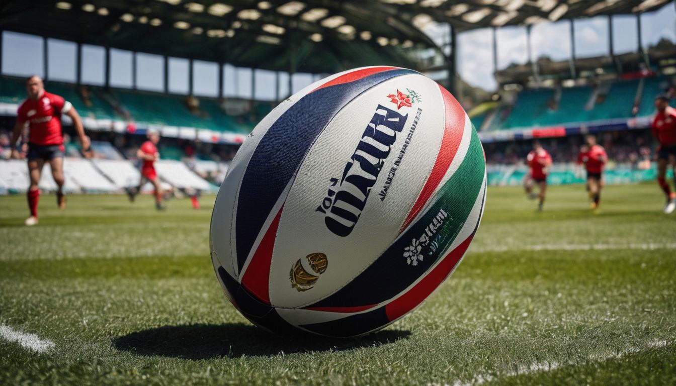Close-up of a rugby ball on the pitch with players warming up in the background.
