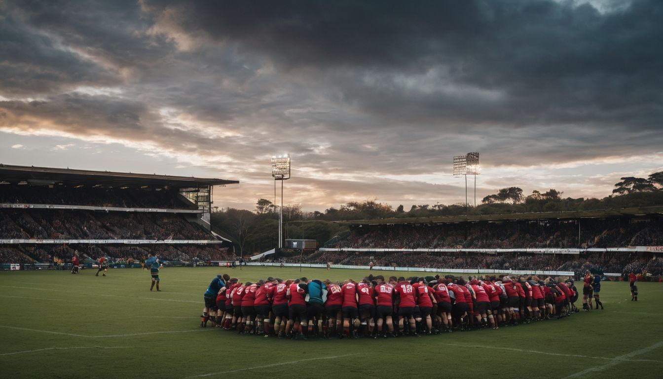 Rugby players huddle on the field during a match at sunset with a dramatic cloudy sky.