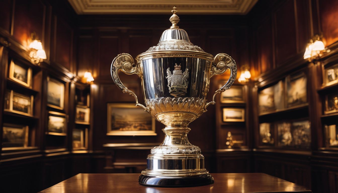 Ornate silver trophy displayed in an elegant room with wood paneling and framed pictures.