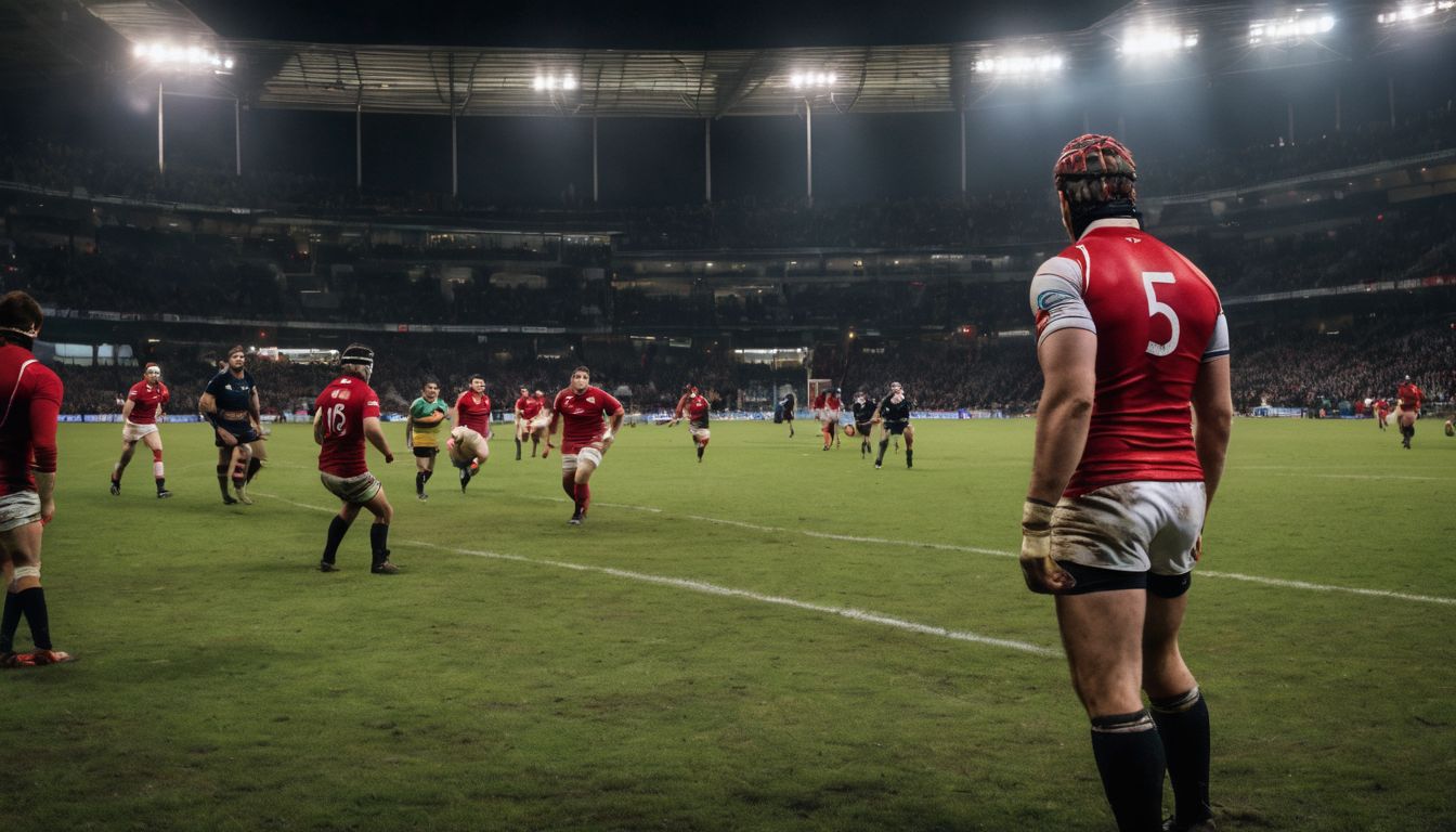 A rugby player stands on the pitch during an evening match, observing teammates and opponents in action.