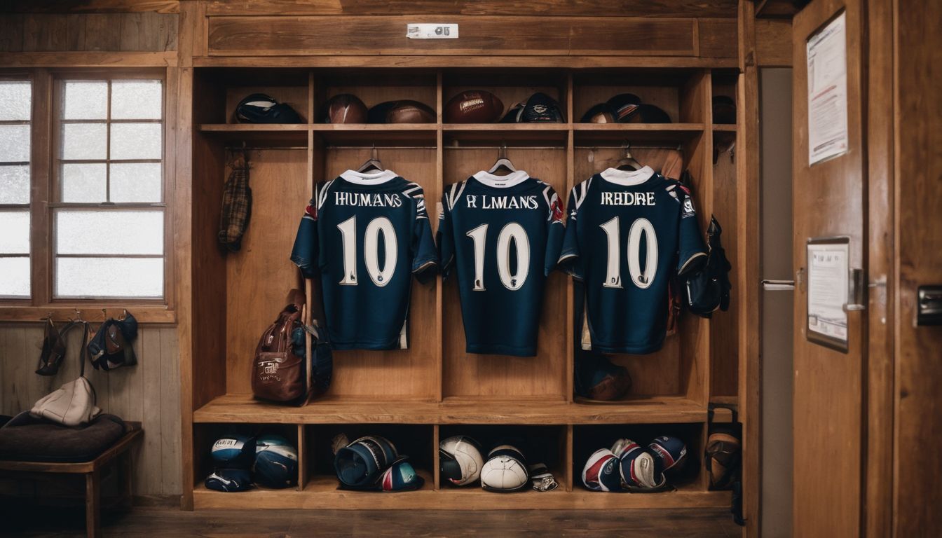 Three "humans" team jerseys with the number 10 hanging in a wooden sports locker filled with athletic gear.