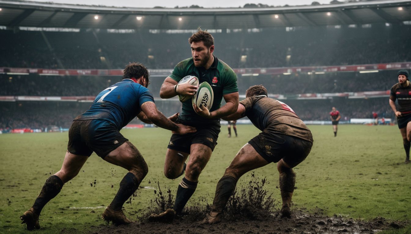 A rugby player makes a determined run with the ball, fending off opponents on a muddy pitch.