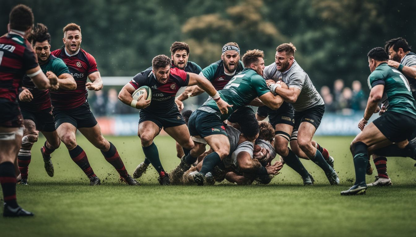 Rugby players in intense match play, with one player carrying the ball as others engage in tackles and runs.