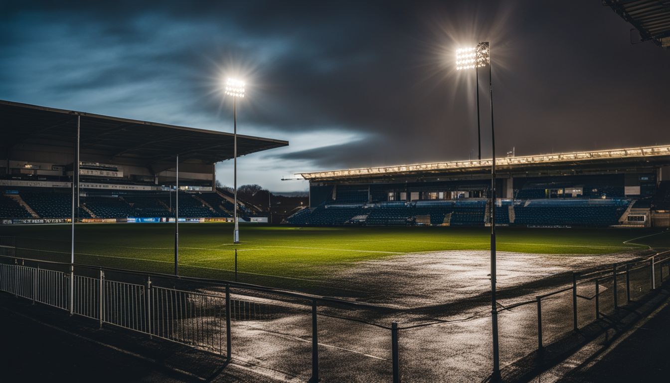 An empty football stadium illuminated by floodlights under a dramatic evening sky.