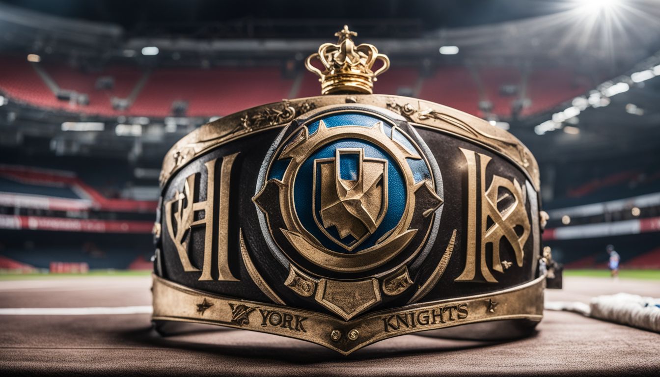 A ceremonial sports championship belt with the inscription "new york knights" displayed in a stadium setting.
