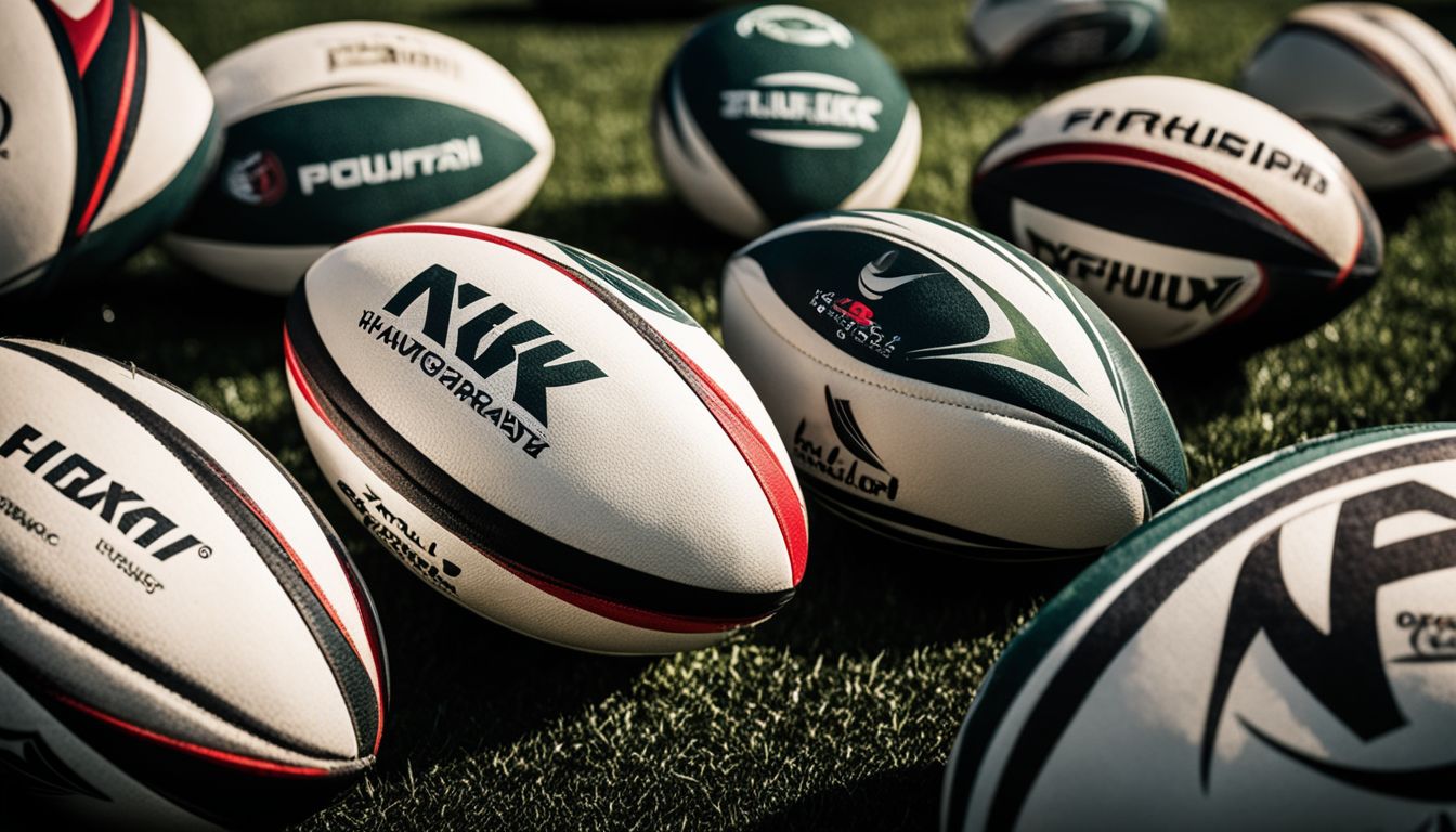 Assorted rugby balls scattered on grass.