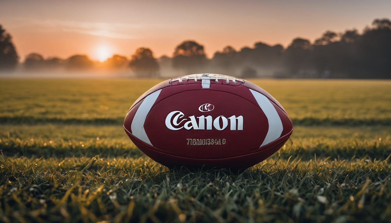 A football resting on a grassy field at sunrise or sunset.