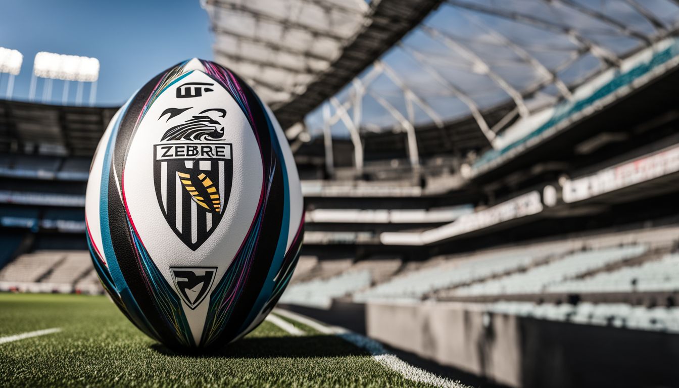 Rugby ball with zebre rugby team logo on the pitch in an empty stadium.